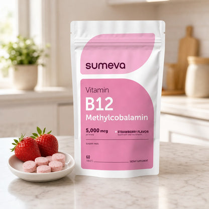 Sumeva B12 pouch on kitchen counter with strawberries